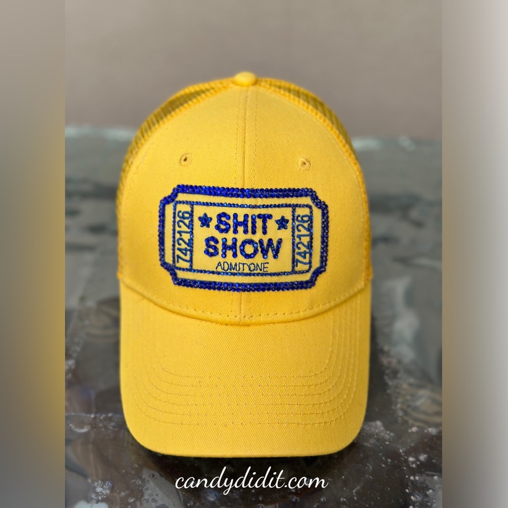 Welcome To The Shit Show Yellow Cap With Blue Embroidery And Crystal Patch